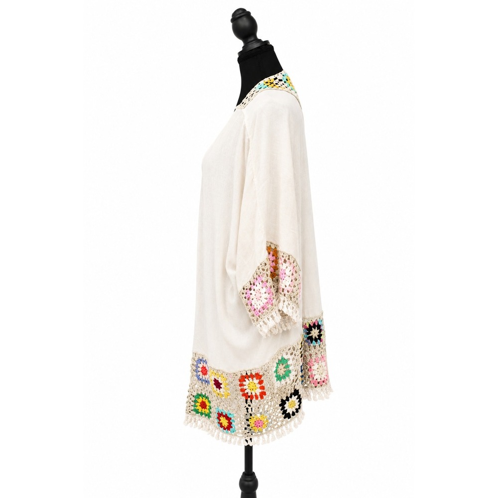 Umgee Boho Crochet Linen Blend Granny Square Kimono Cardigan Women‎ XL Beige - Picture 3 of 4
